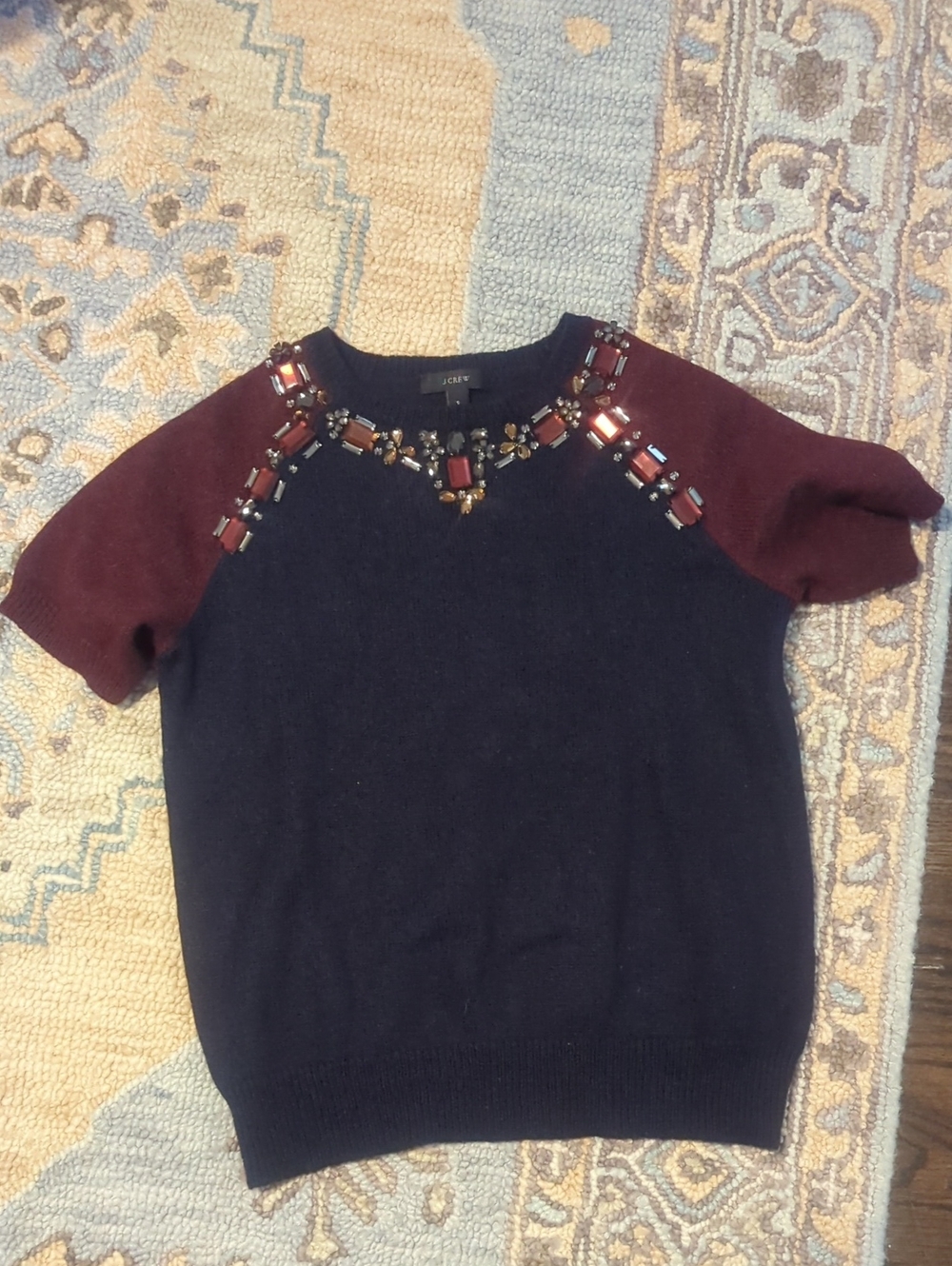 J. Crew Navy Sweater with Burgundy Jeweled Shoulders